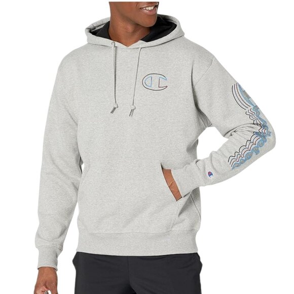 CHAMPION Gel Script Powerblend Fleece Hoodie Pullover in Oxford Gray MEN'S L - Picture 1 of 11